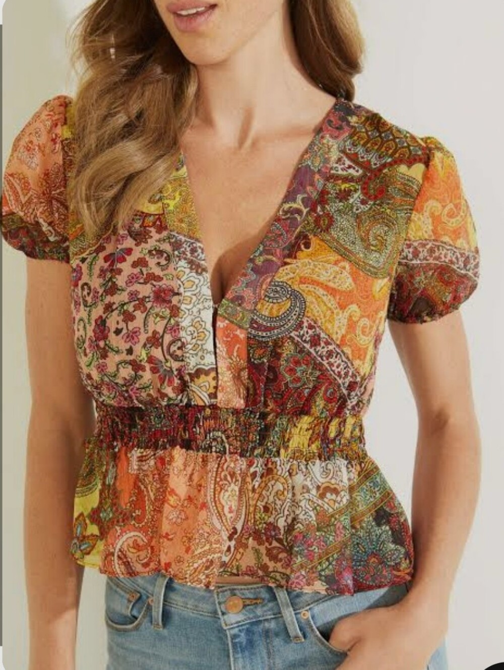 GUESS Eco Paisley Fields Print Peplum Top (Fits Medium/Large)